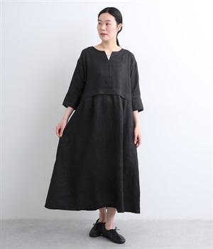14番手リネン　Vネックあきワンピース(ブラック-ONESIZE)