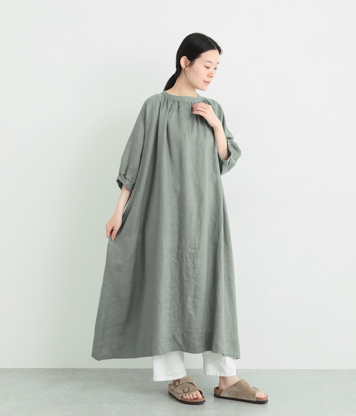 14番手リネン　ゴム付きラグランスリーブワンピース(ダルグリーン-ONESIZE)