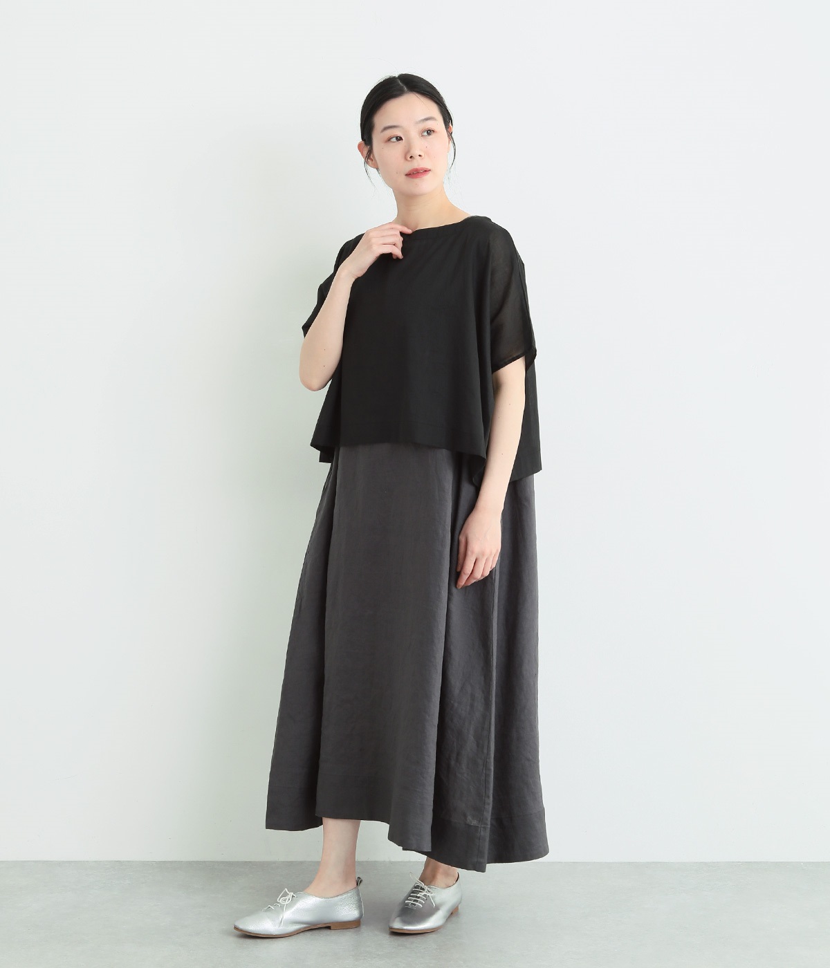ノースリーブワンピース×重ねトップスセット(アッシュグリーン×ブラック-ONESIZE)