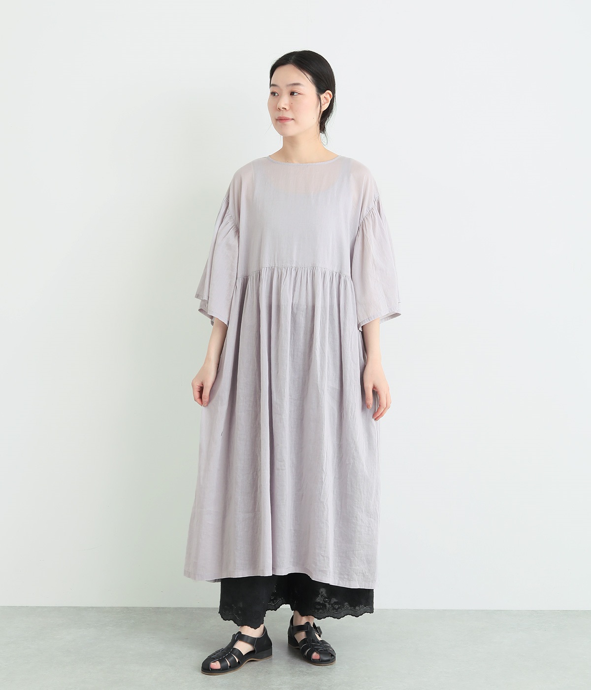 ラミーコットン　ギャザーワンピース(ライトグレー-ONESIZE)