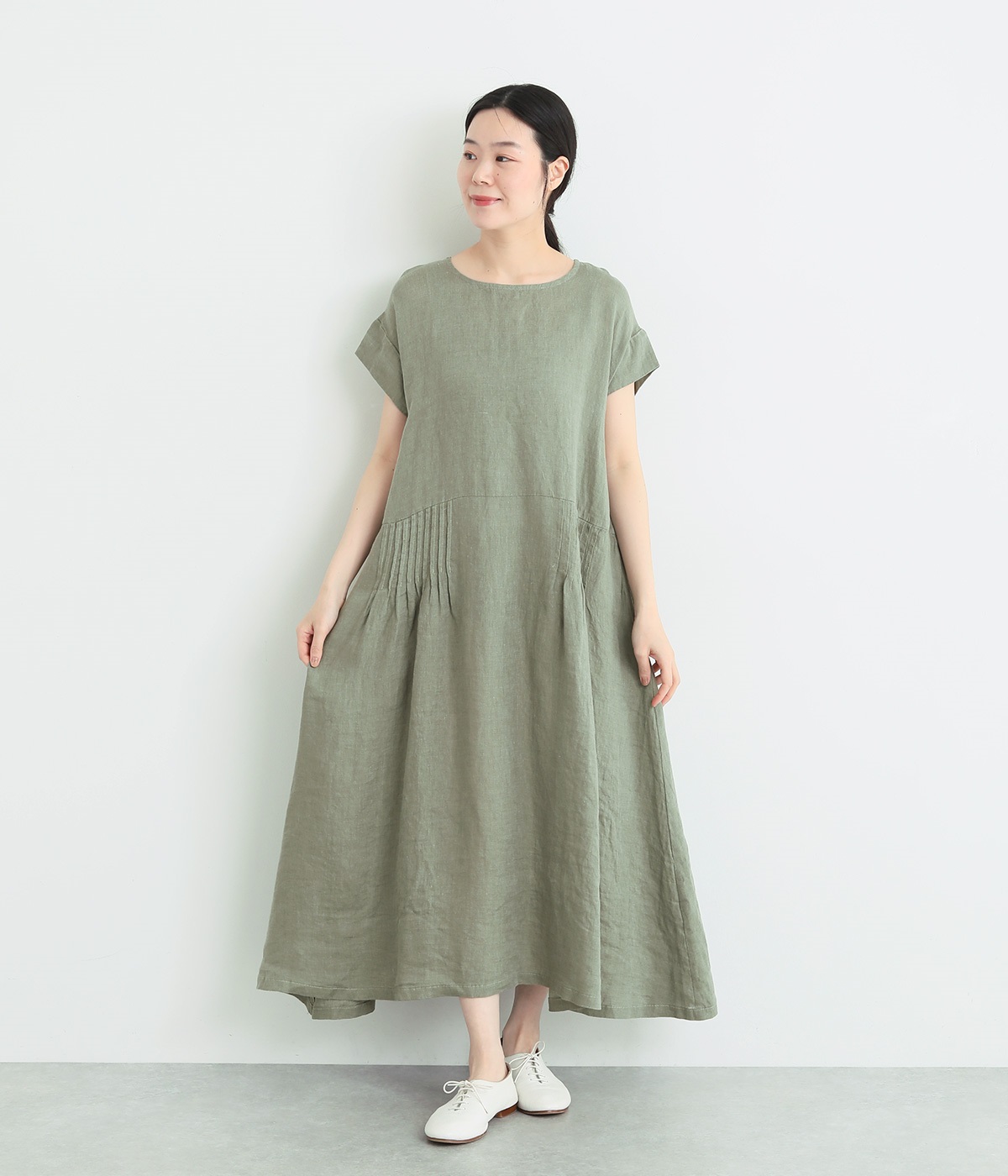 リネンシャンブレー　ローウエストタックワンピース(ダルグリーン-ONESIZE)