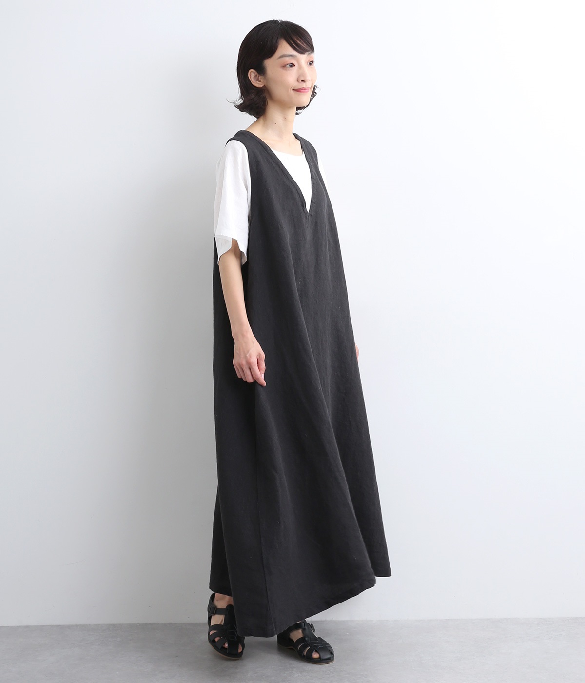 9番手リネン×14番手リネン　ドッキングVネックワンピース(ブラック×オフ-ONESIZE)