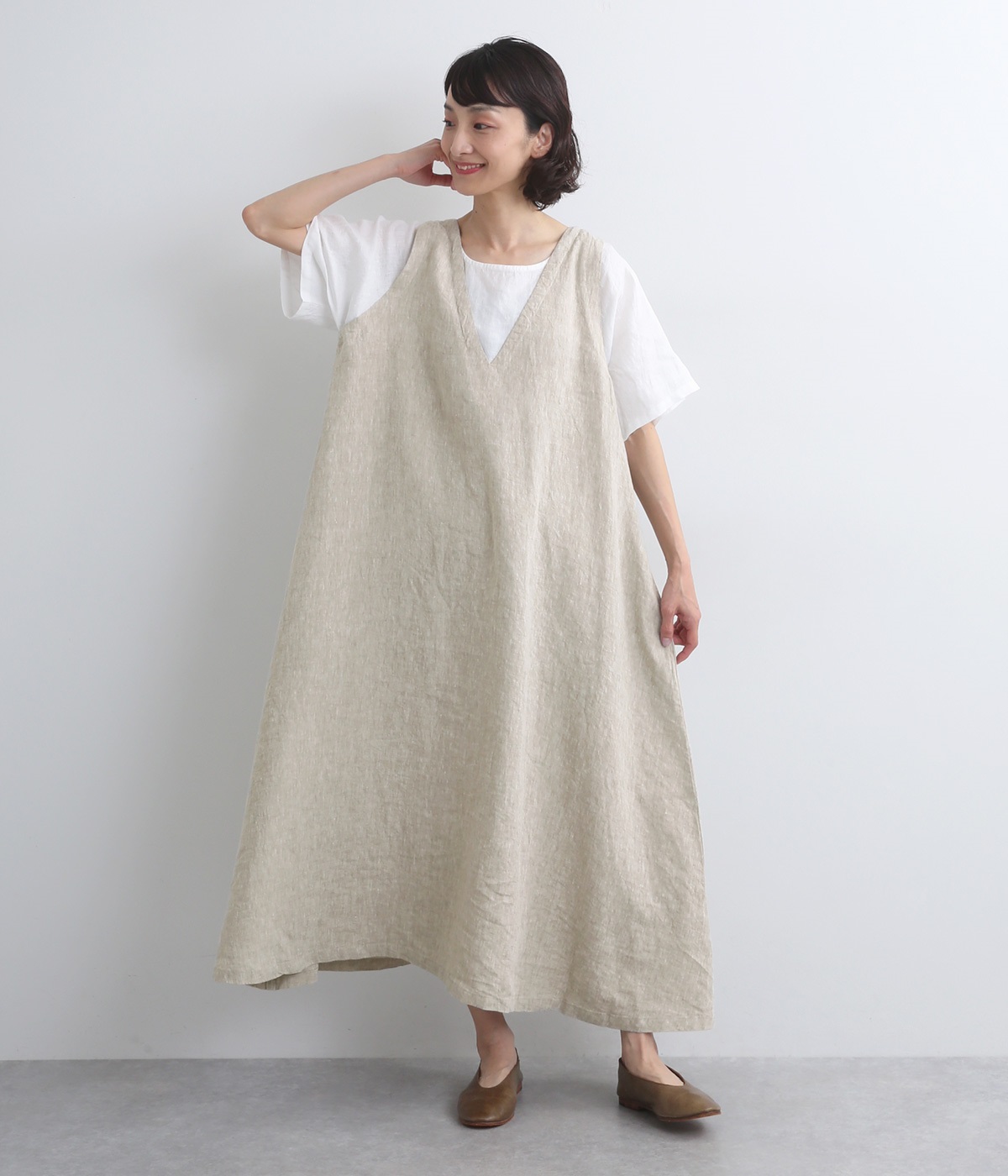 9番手リネン×14番手リネン　ドッキングVネックワンピース(グレージュ×オフ-ONESIZE)