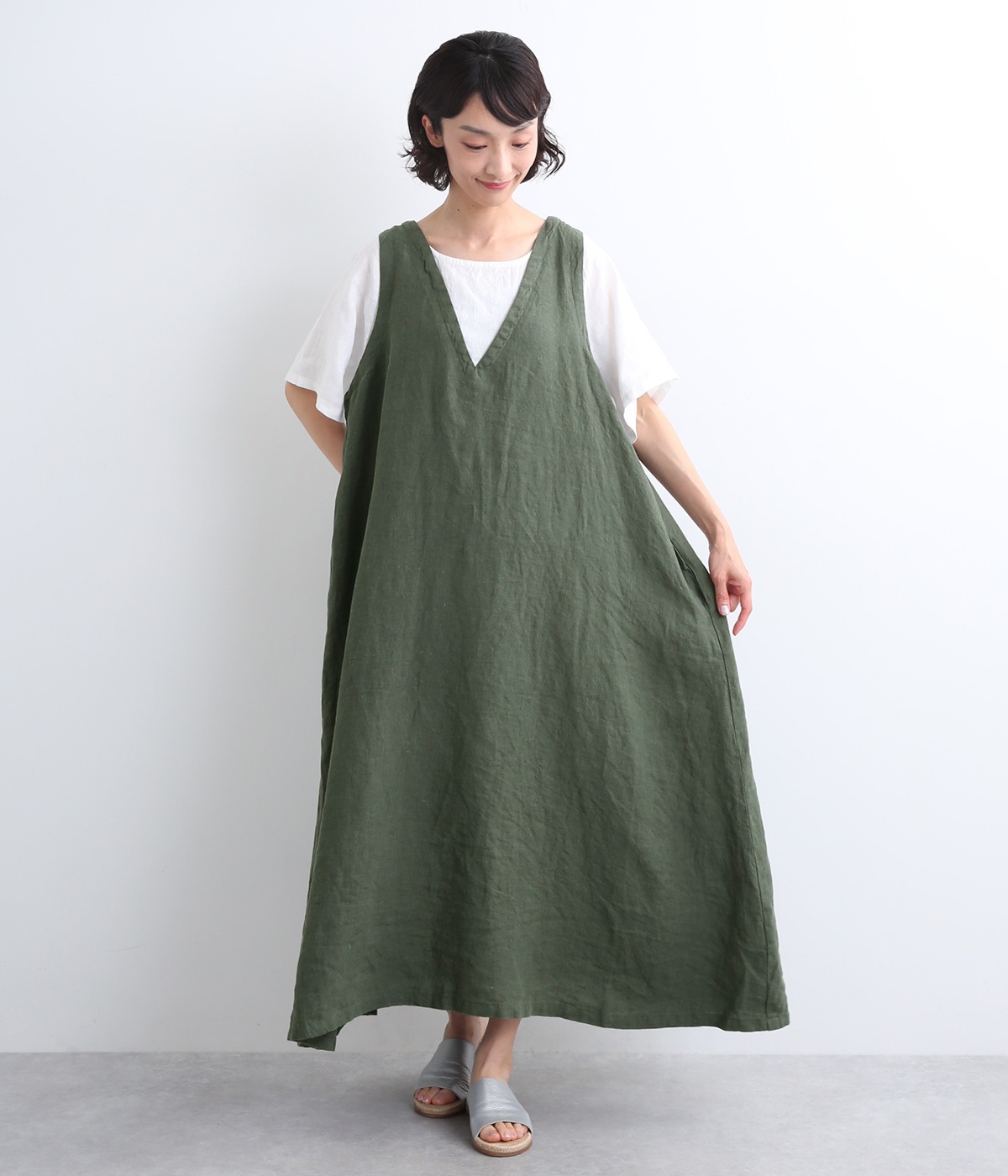 9番手リネン×14番手リネン　ドッキングVネックワンピース(モスグリーン×オフ-ONESIZE)