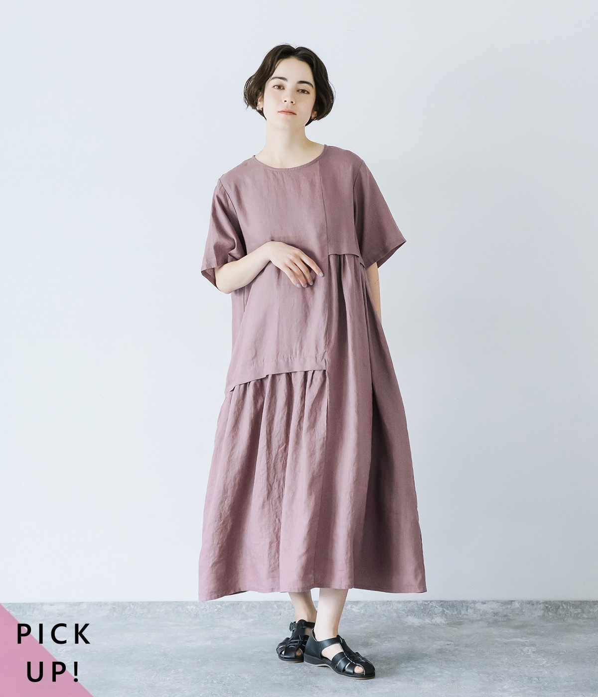 別注｜14番手リネン　アシンメトリーギャザー切り替えワンピース(ダスティーパープル-ONESIZE)