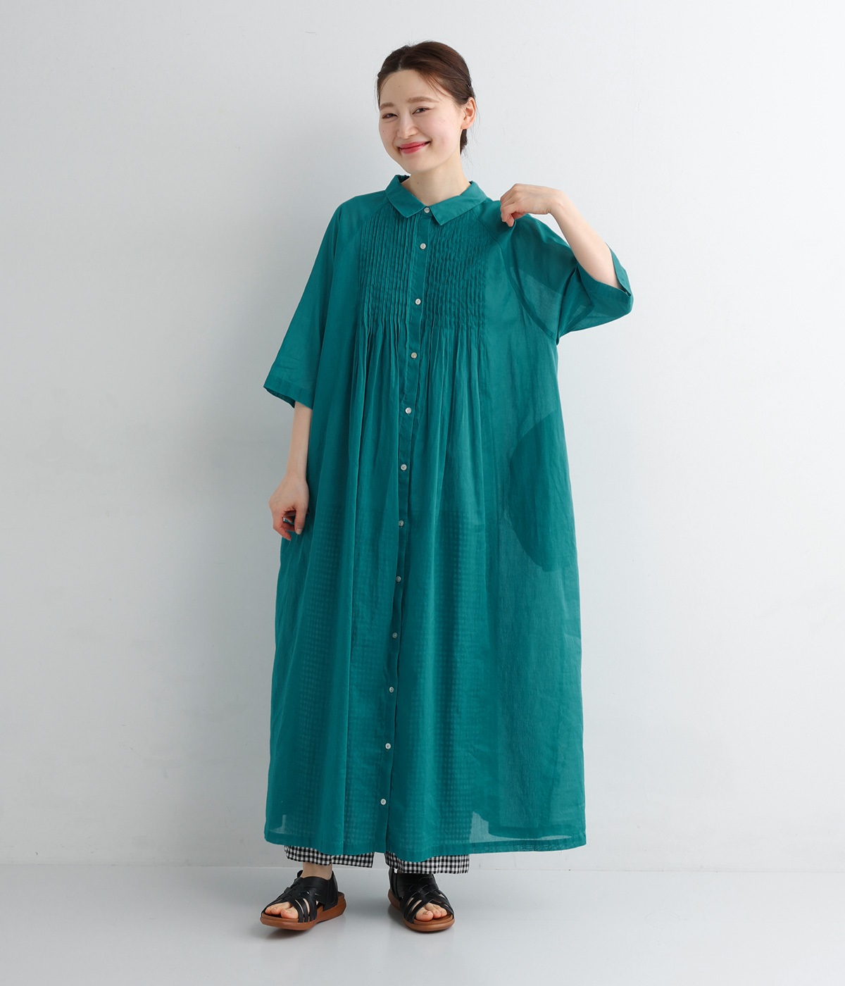 ラミーコットン　ピンタックシャツワンピース(ターコイズ-ONESIZE)