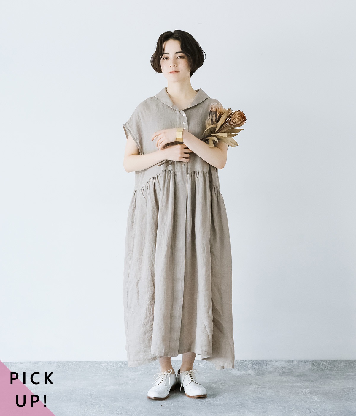 リネンシャンブレー　フレンチスリーブワンピース(ベージュ-ONESIZE)
