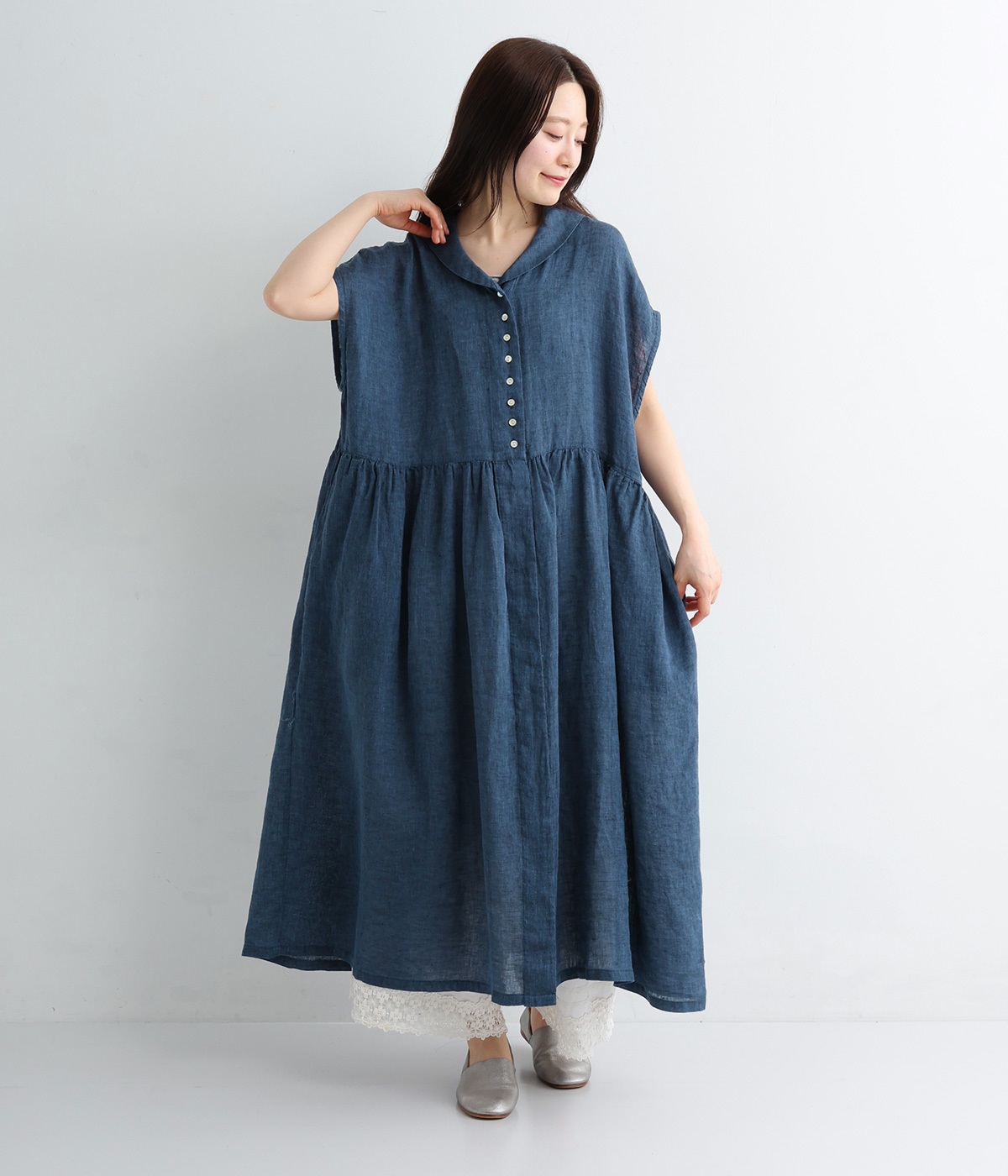 リネンシャンブレー　フレンチスリーブワンピース(ブルー-ONESIZE)