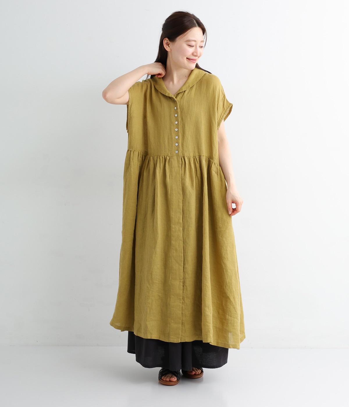 リネンシャンブレー　フレンチスリーブワンピース(マスタード-ONESIZE)