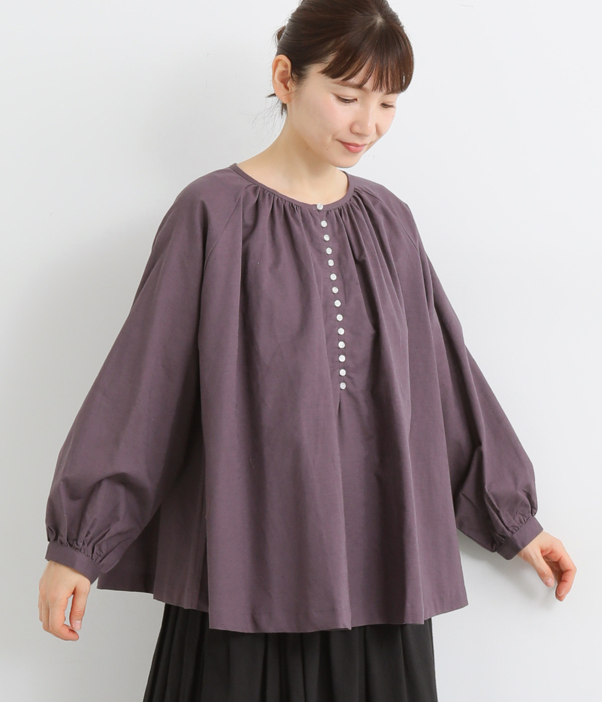 コットンリネン ボリューム袖多ボタンブラウス(パープル-ONESIZE)