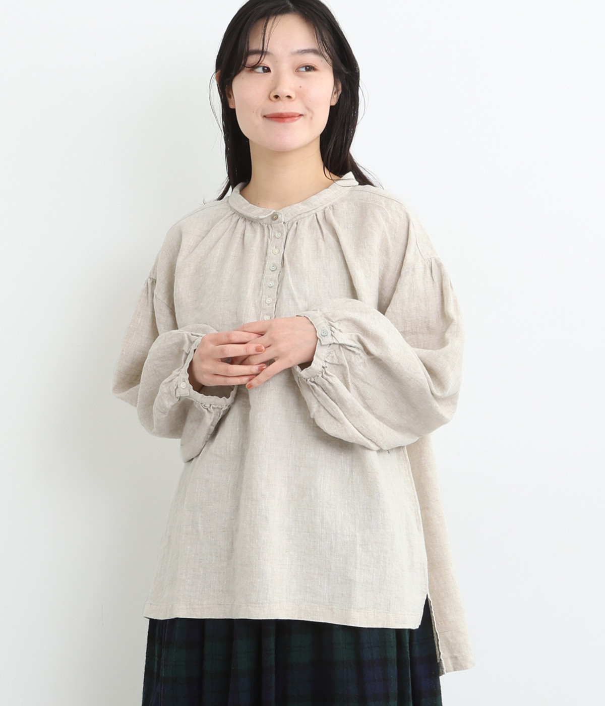 14番手リネン ボリューム袖チビ襟ブラウス(キナリ-ONESIZE)