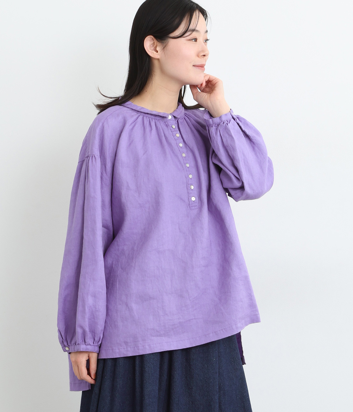 14番手リネン ボリューム袖チビ襟ブラウス(モーヴ-ONESIZE)