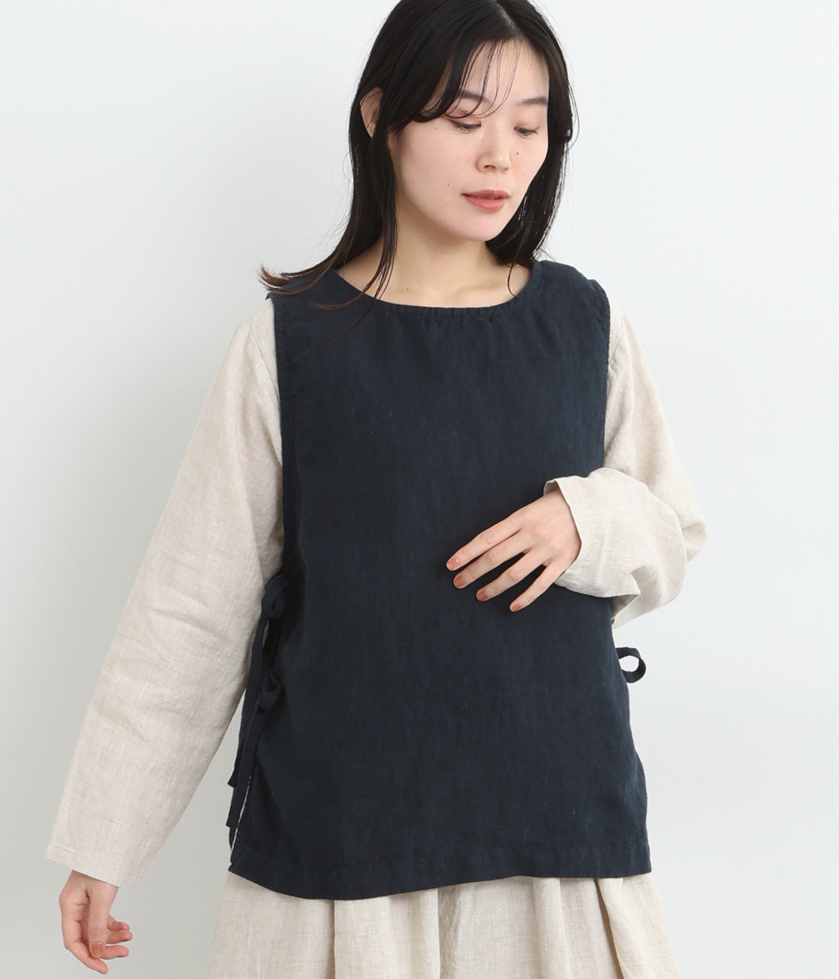 9番手リネン サイド結びベスト(ネイビー-ONESIZE)