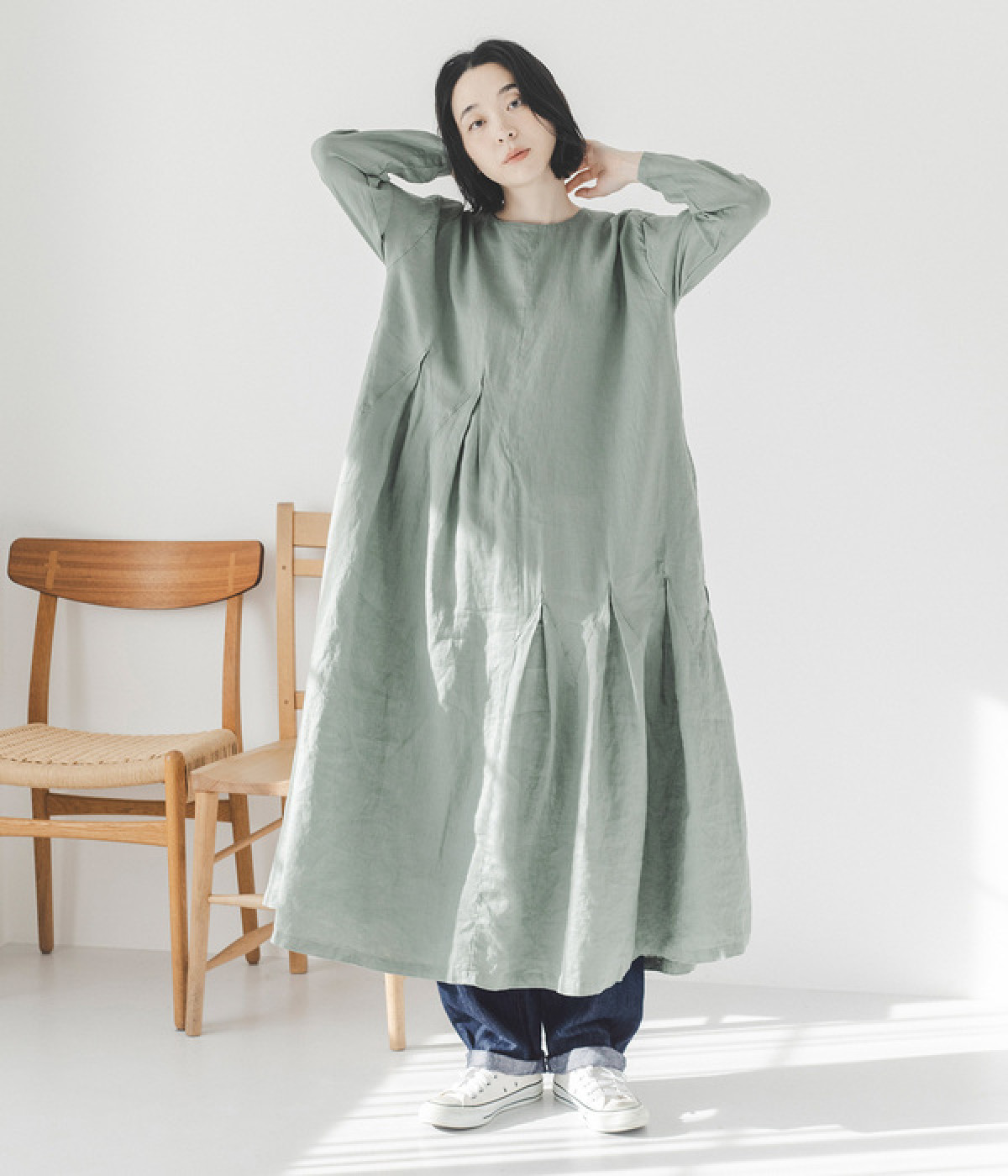 14番手リネン アシンメトリータックワンピース(ダルグリーン-ONESIZE)