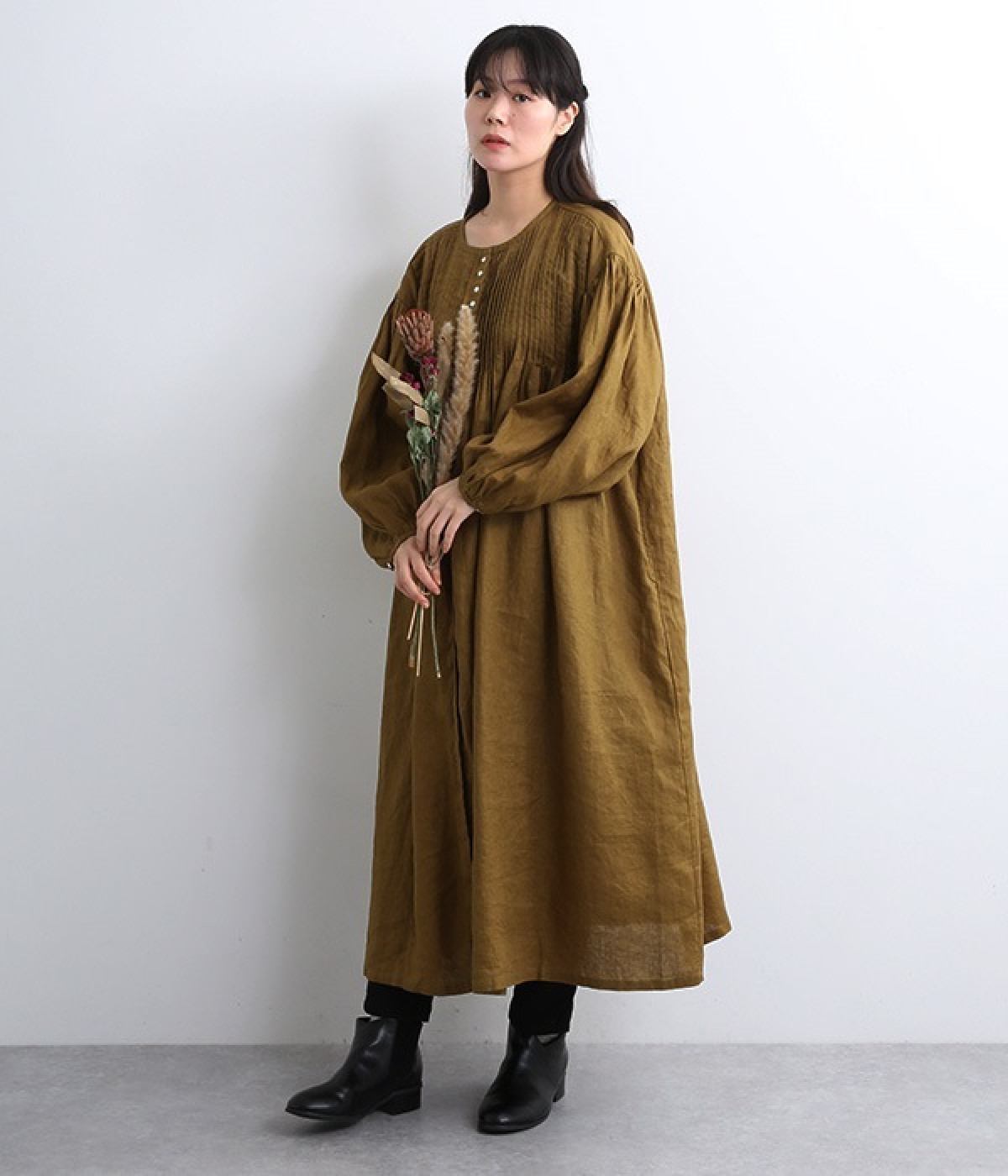 多ボタン比翼ピンタックボリュームワンピース(マスタード-ONESIZE)