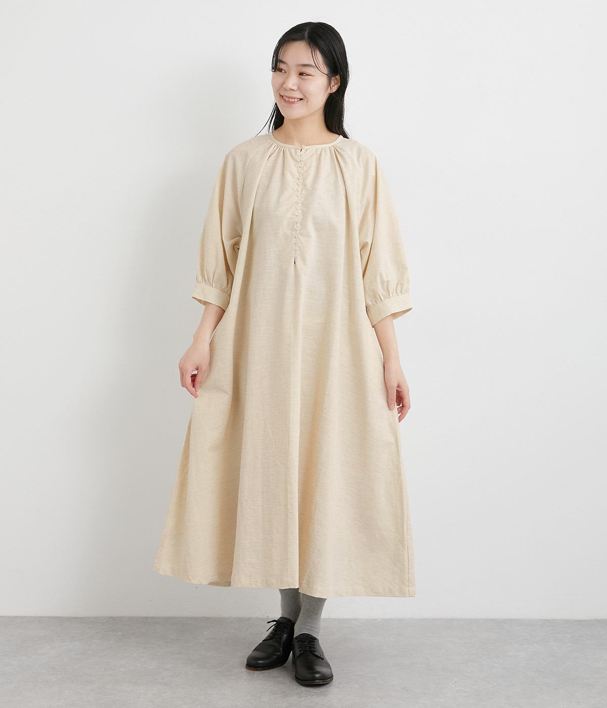 コットンリネン 5分袖多ボタンワンピース(キナリ-ONESIZE)