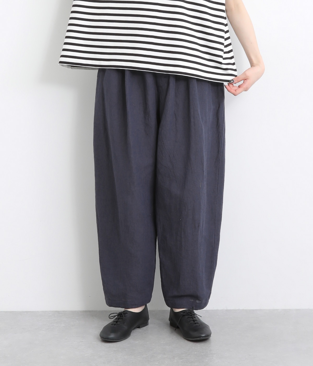 リネンコットンワッシャータックテーパードパンツ(ネイビー-ONESIZE)