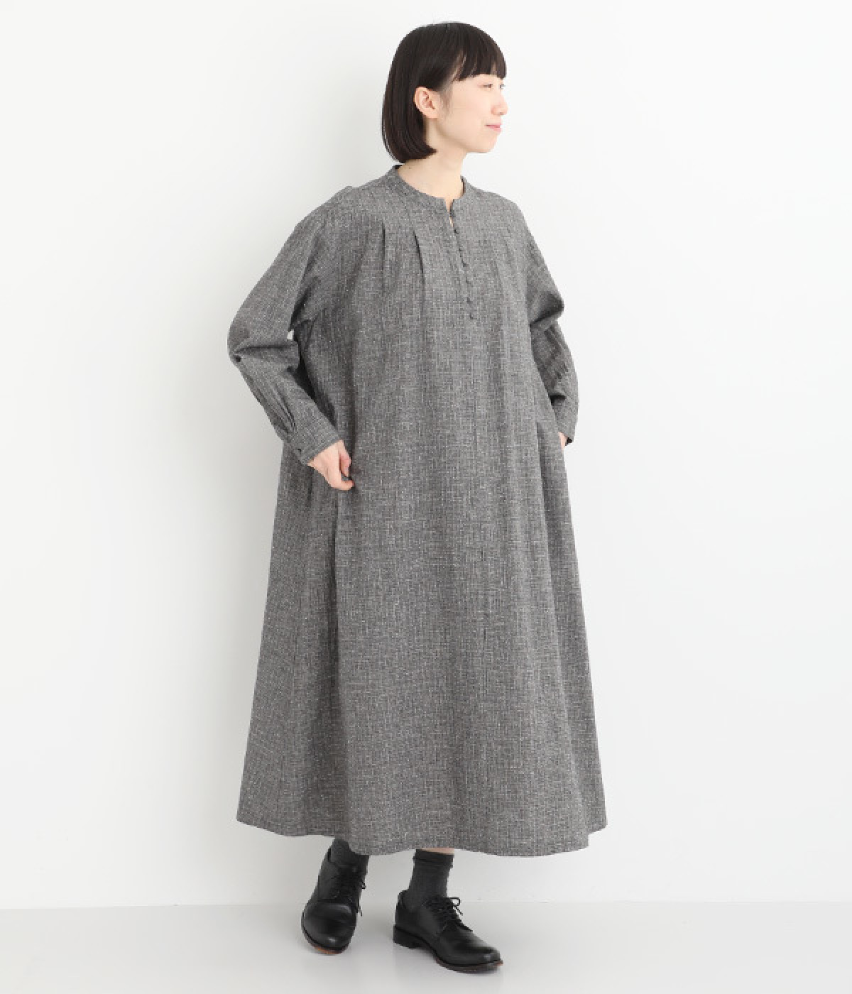 コットンリネンネップワンピース(ブラック系-ONESIZE)