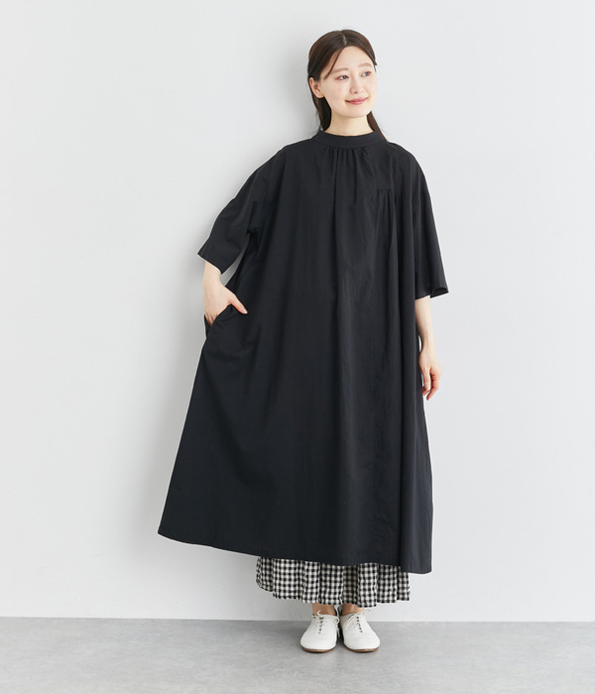 コットンリネンボイル切り替え変形ギャザー2wayワンピース(ブラック-ONESIZE)