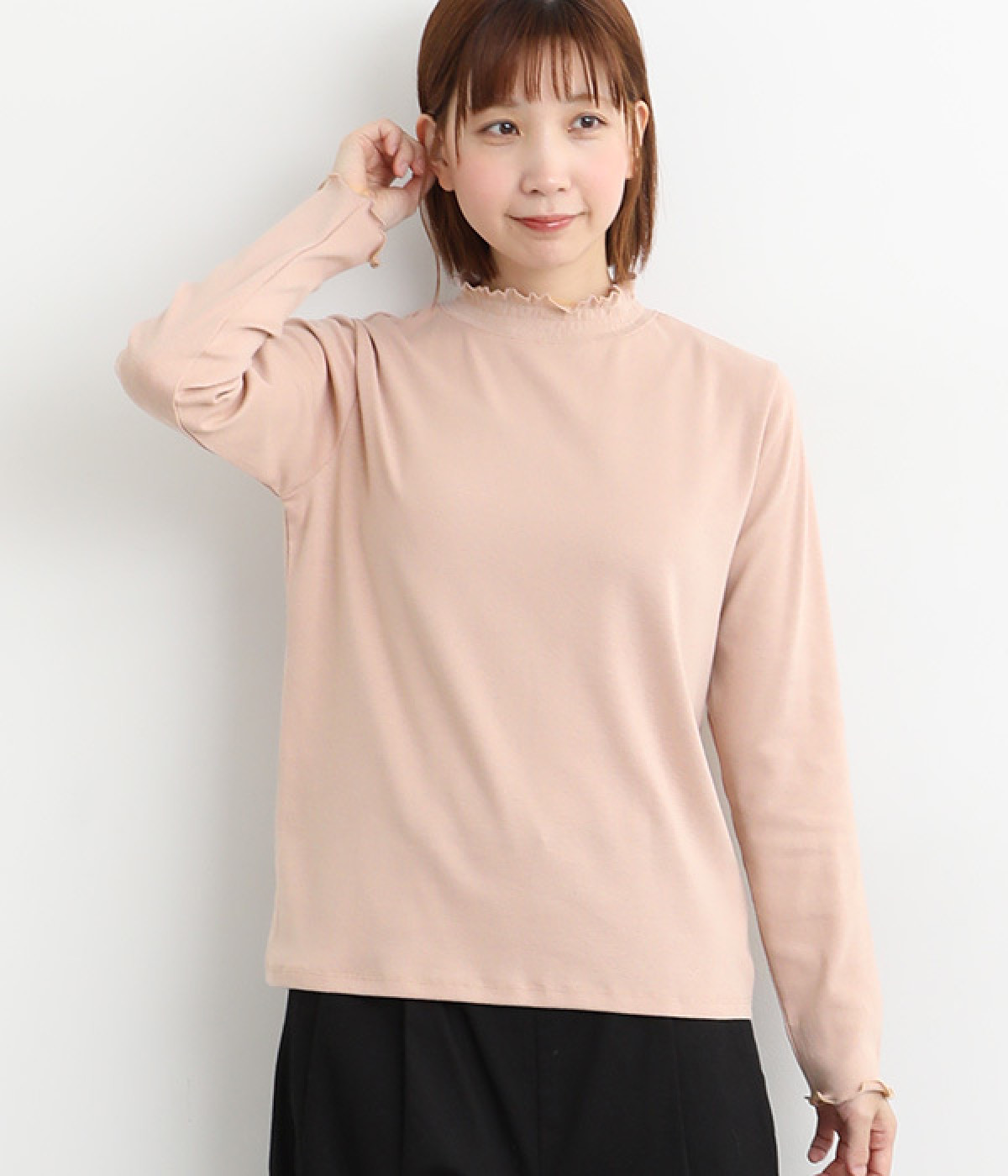 フリル襟付き長袖Tシャツ(ダークピンク-L)