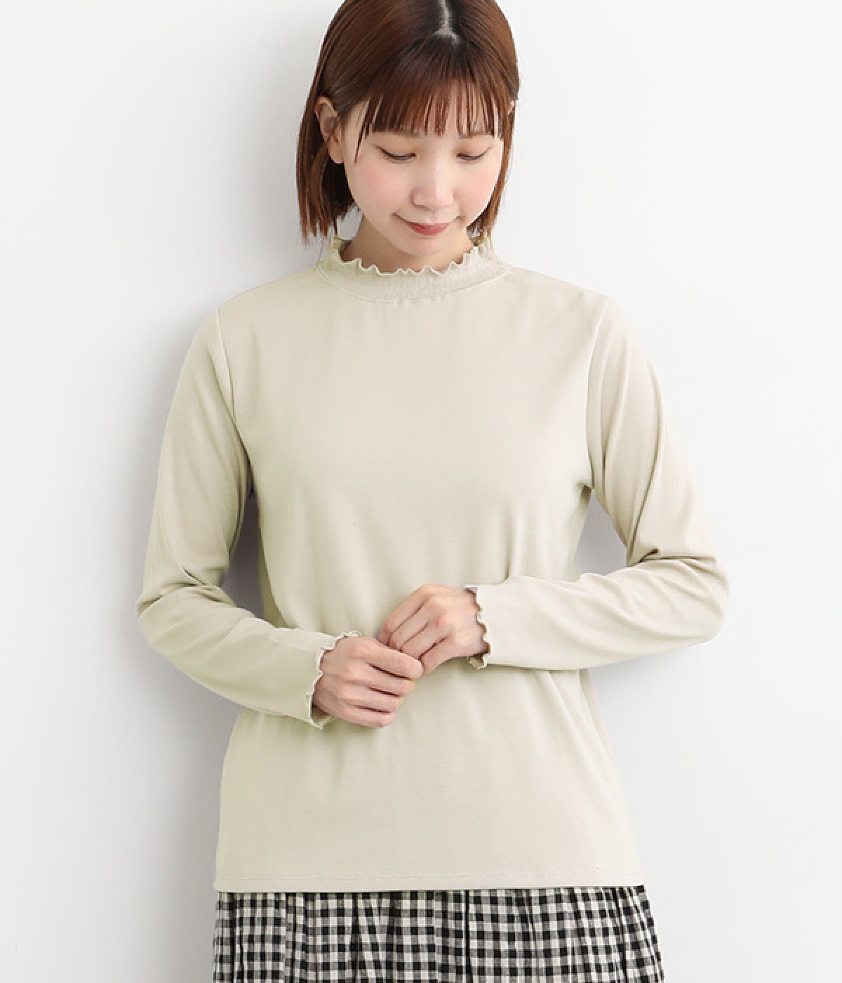 フリル襟付き長袖Tシャツ(グレージュ-L)