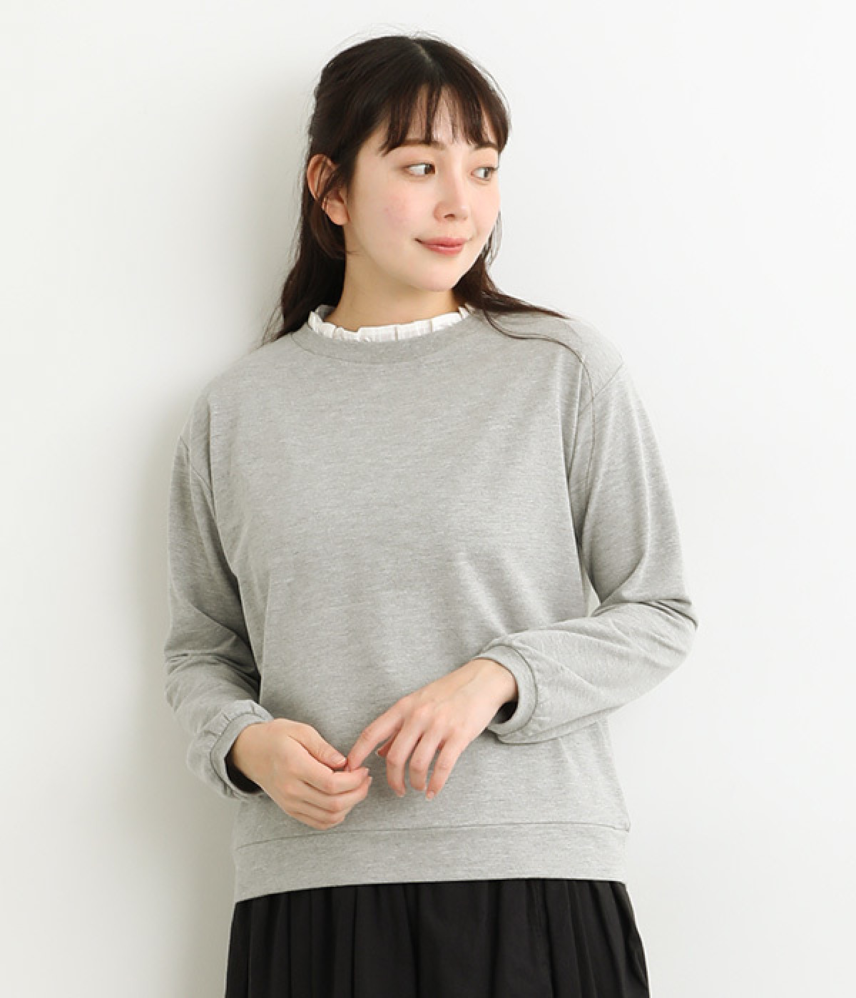 ミニ裏毛フェイクレイヤード長袖Tシャツ(杢グレー-L)