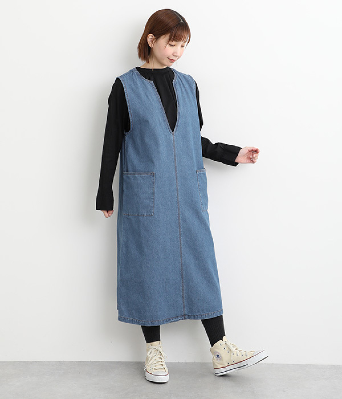 デニムキーネックノースリーブワンピース(サックス-L)