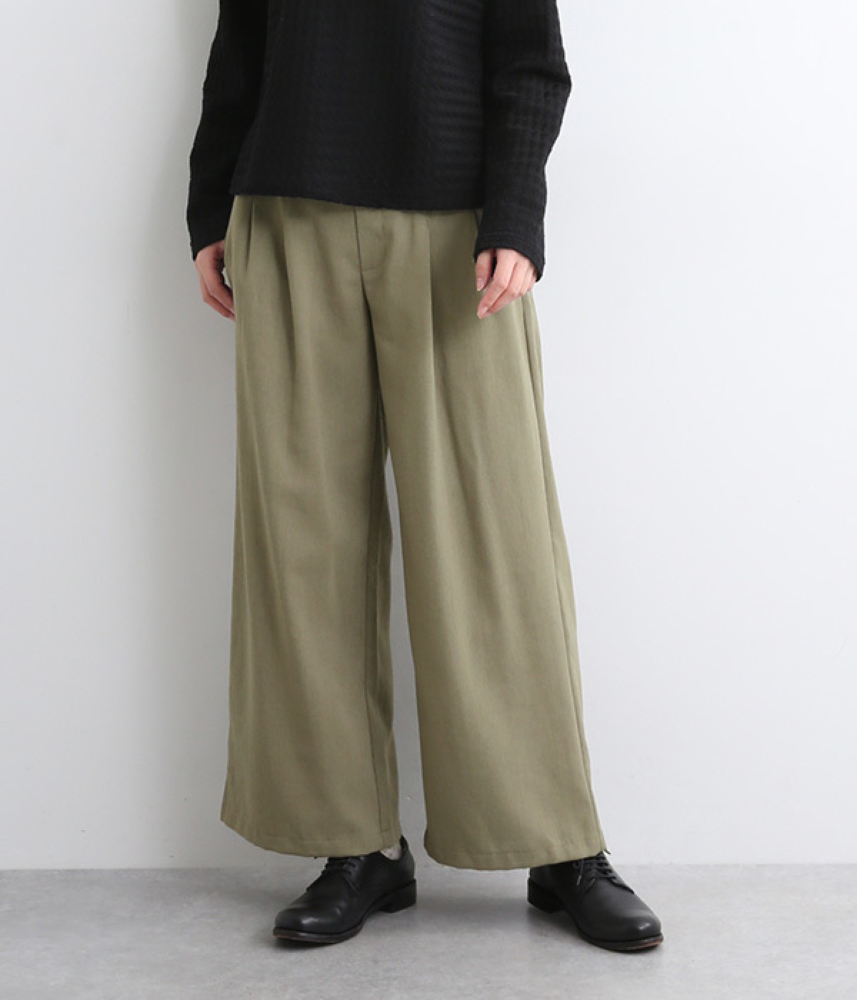 接触冷感リネンブレンドワイドパンツ(カーキ-L)