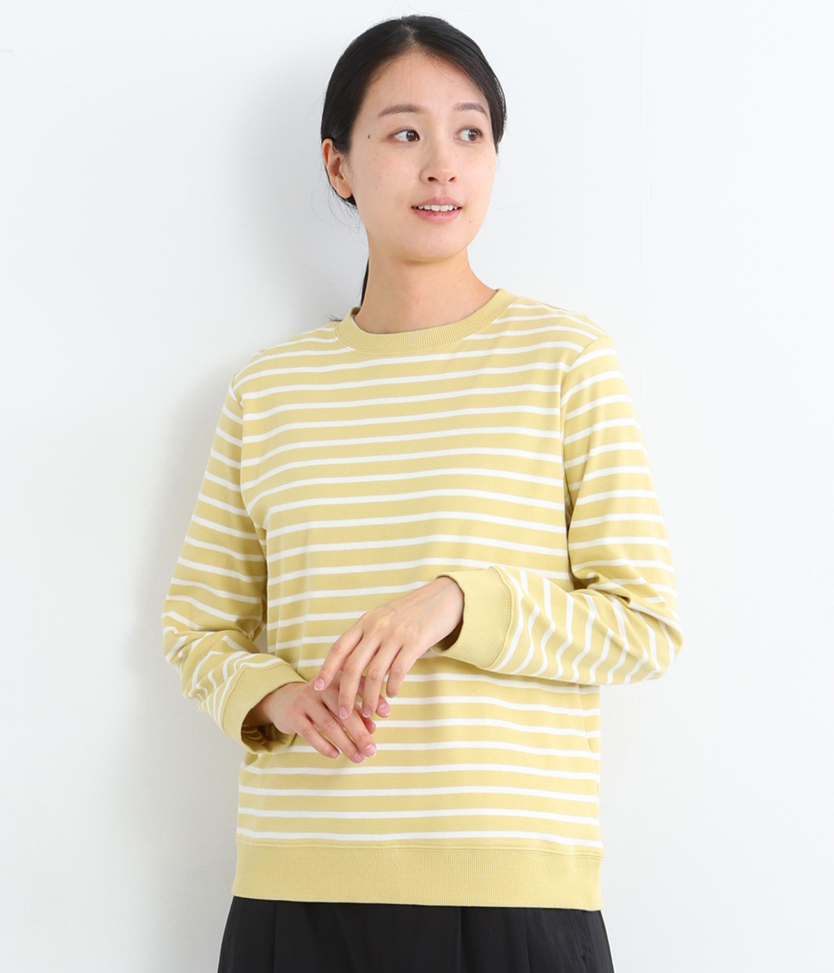 コットンスムースボーダー長袖Tシャツ(アイボリー×ピスタチオ-L)