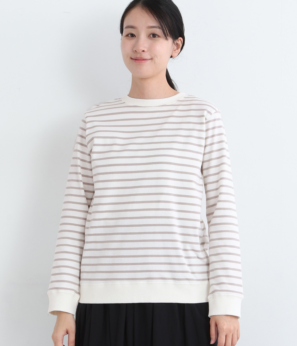 コットンスムースボーダー長袖Tシャツ(グレー×アイボリー-L)