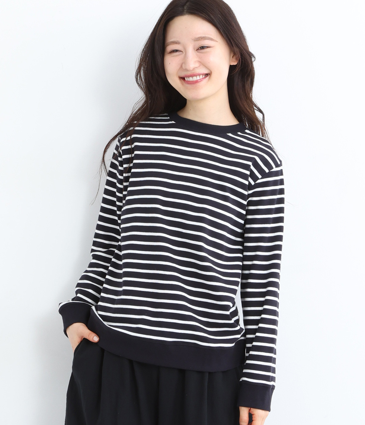 コットンスムースボーダー長袖Tシャツ(アイボリー×ネイビー-L)