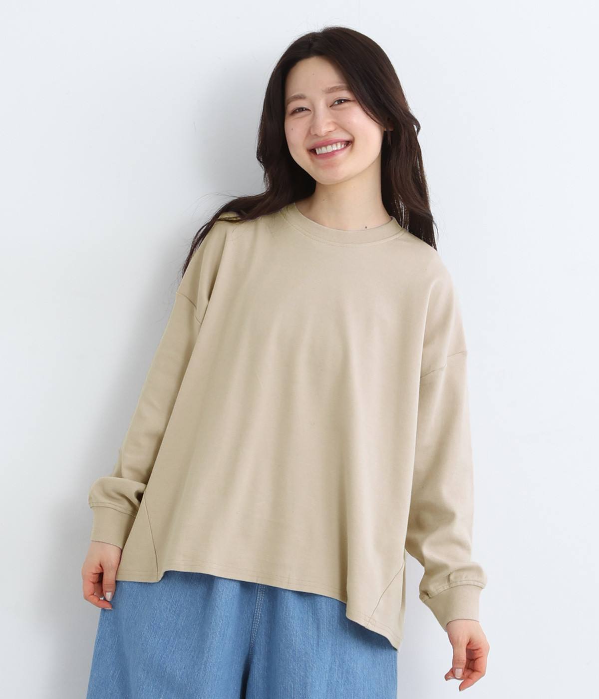 コットンスムースデザインワイド長袖Tシャツ(グレージュ-L)