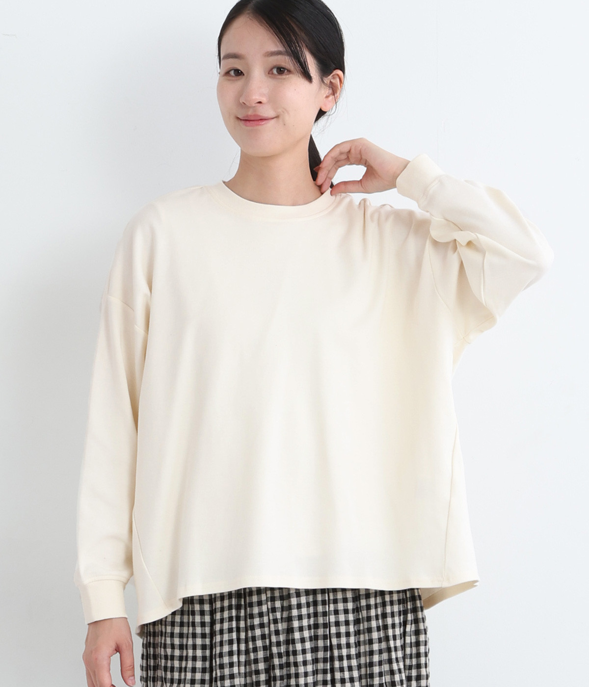 コットンスムースデザインワイド長袖Tシャツ(アイボリー-L)