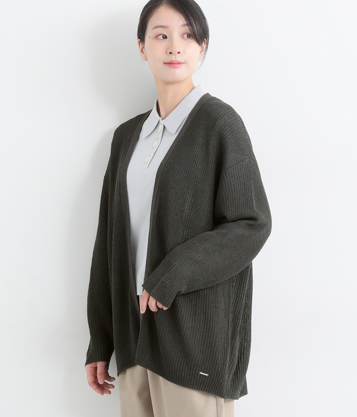 【neilikka】畦編み着流しロングカーディガン(チャコール-L)