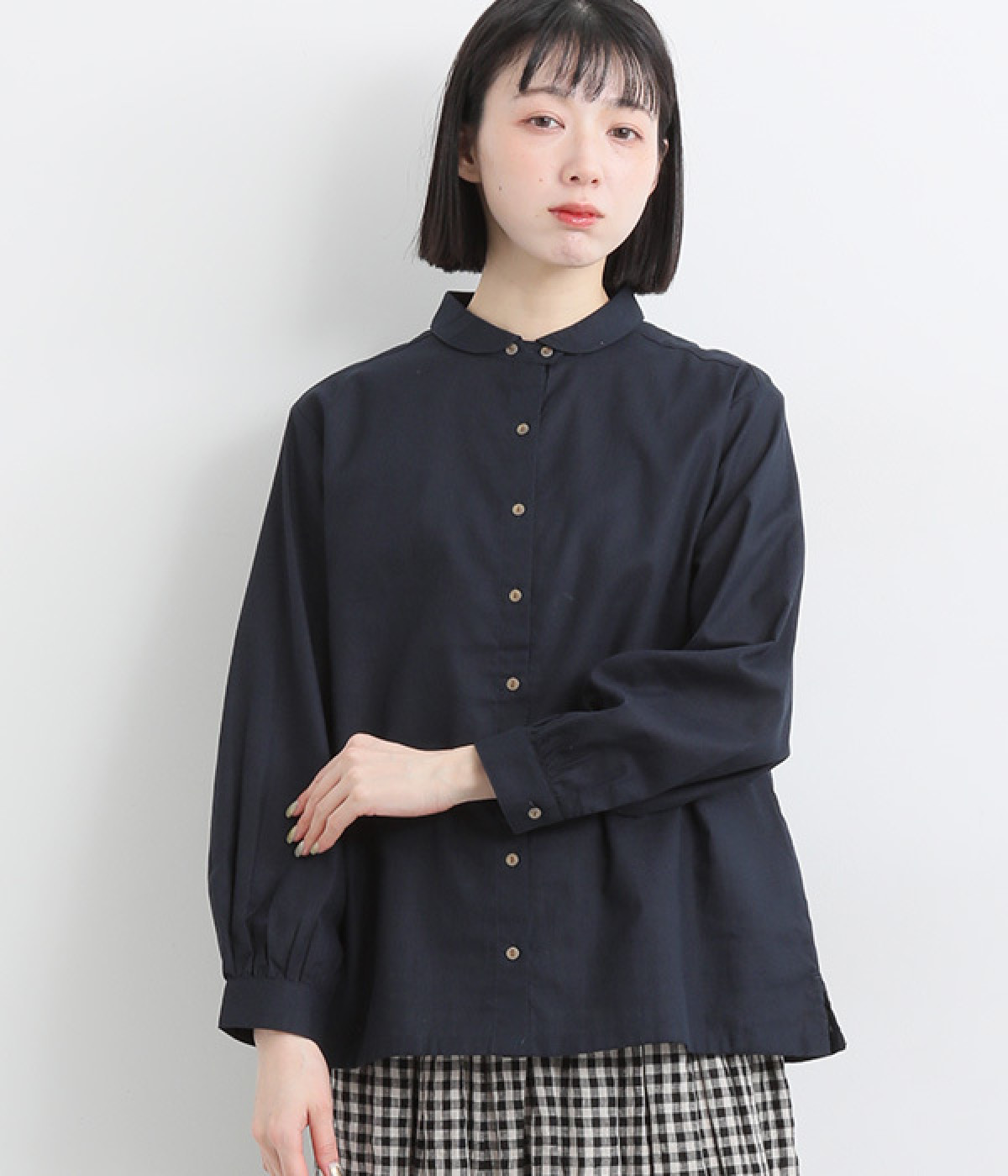 コットンシングルガーゼミニラウンドカラーシャツ(ネイビー-L)
