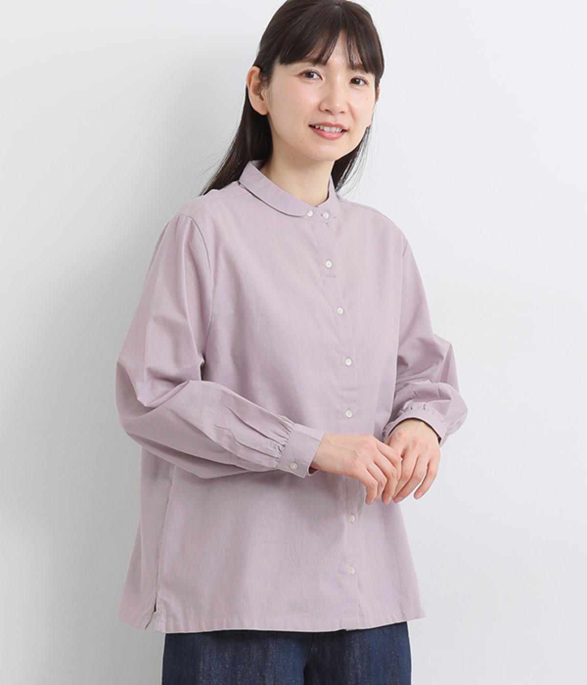コットンシングルガーゼミニラウンドカラーシャツ(ラベンダー-L)