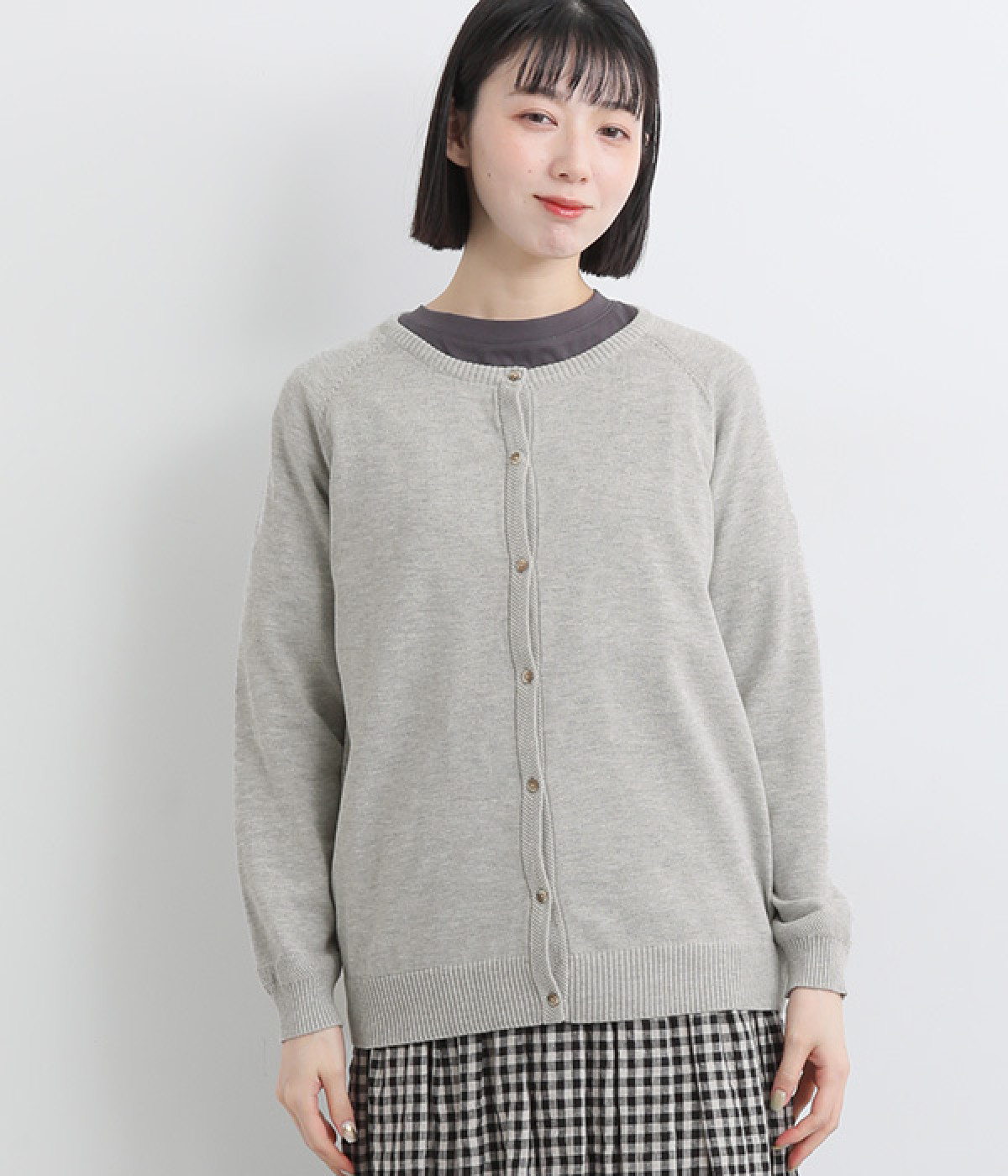 コットンヘリンボーン柄編みニットカーディガン(杢グレー-L)