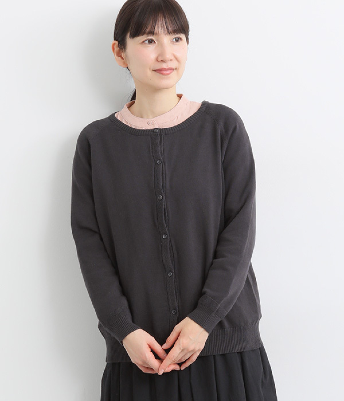 コットンヘリンボーン柄編みニットカーディガン(ネイビー-L)