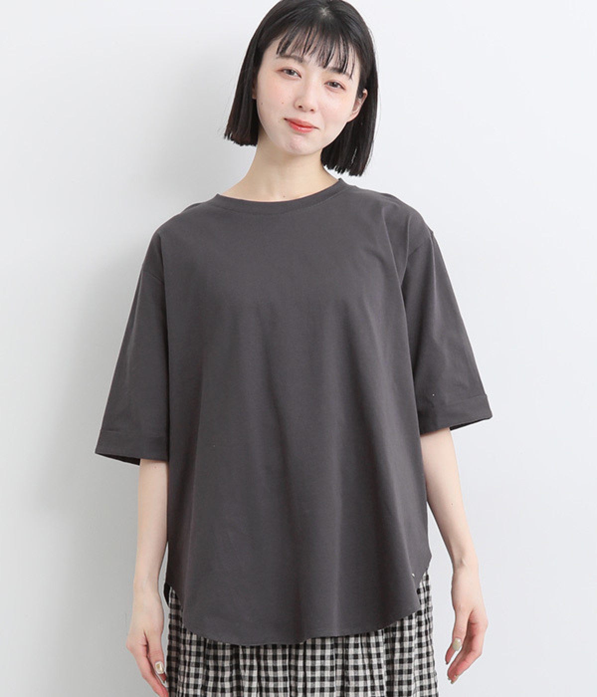 【neilikka】コットンクリーン天竺　5分袖チュニックＴシャツ(スミクロ-L)
