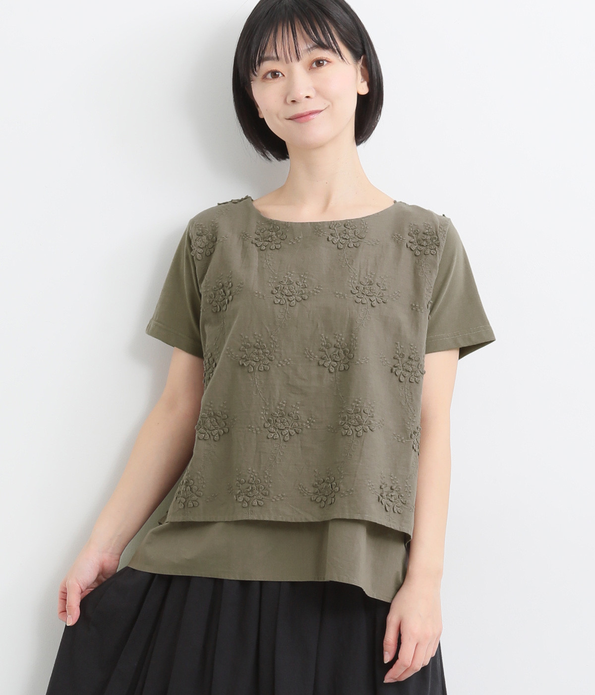 前身刺繍布帛レイヤード天竺Ｔシャツ(カーキ-L)