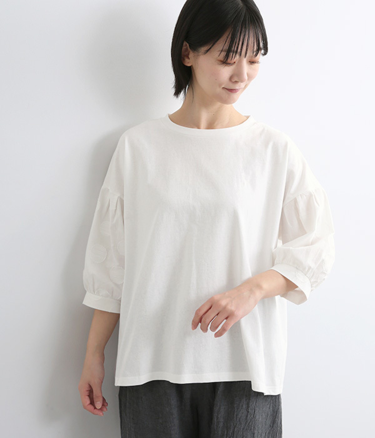 コットン天竺袖ドット布帛切替Ｔシャツ(オフホワイト-L)