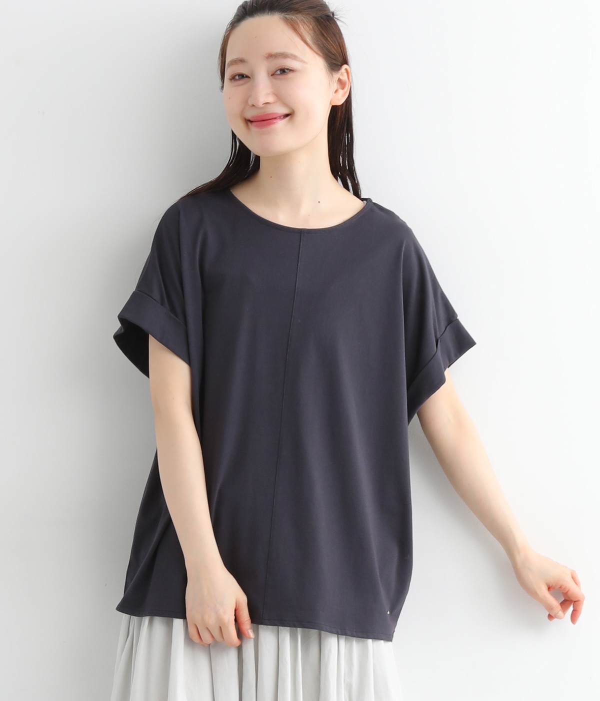 【neilikka】コットンクリーン天竺　袖ターンバックＴシャツ(ネイビー-L)