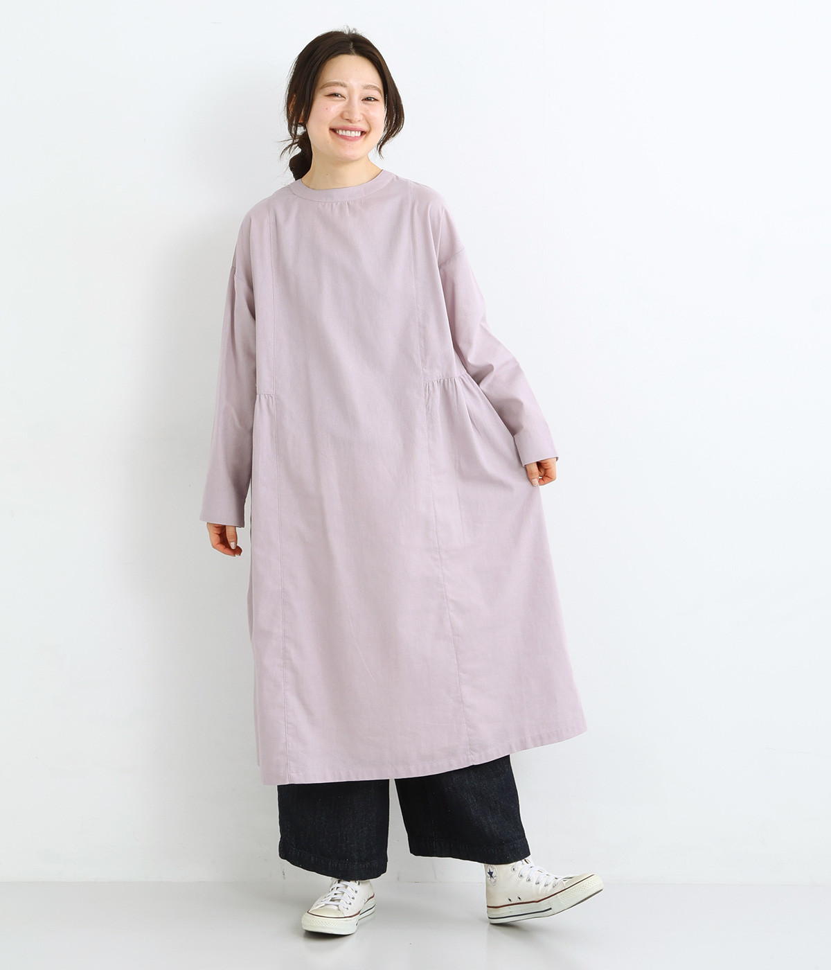 コットンシングルガーゼバックヘンリーワンピース(ラベンダー-L)