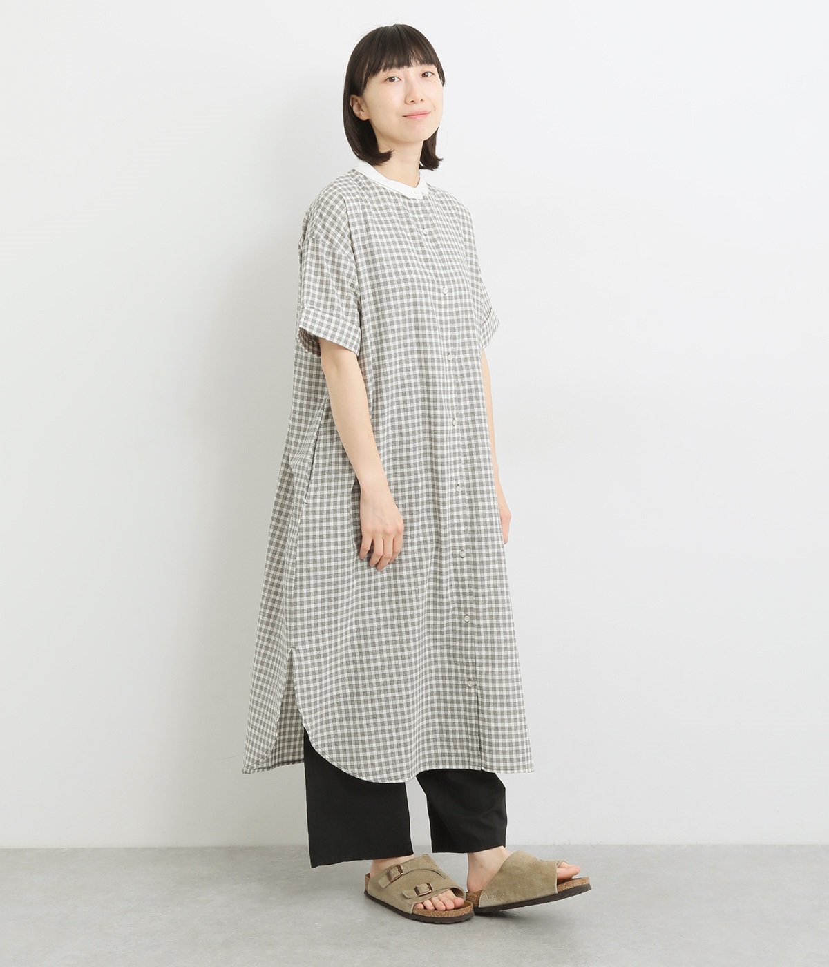 コットンリネンタッチクレリックワンピース(グレー×ベージュ-L)