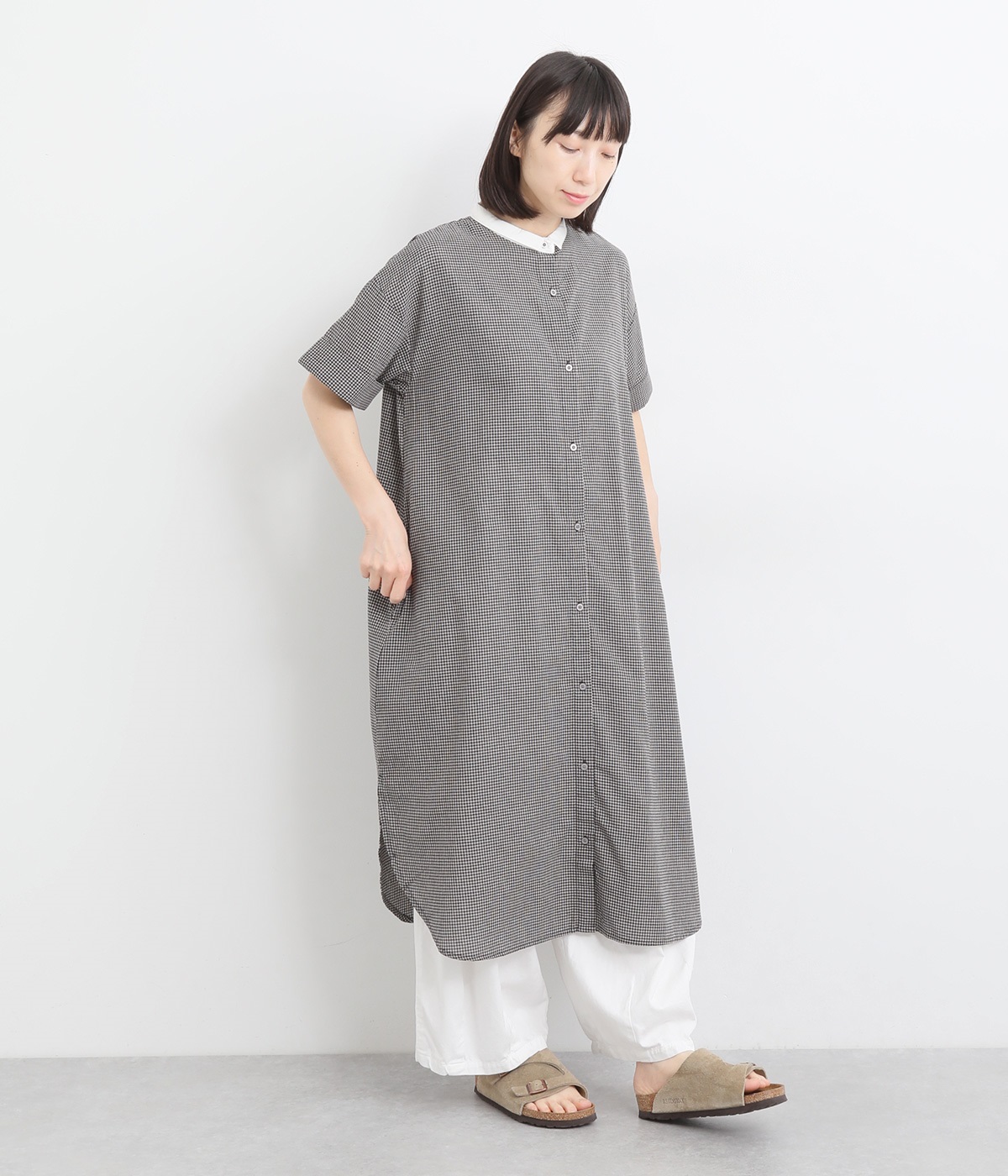 コットンリネンタッチクレリックワンピース(ブラック×グレー-L)