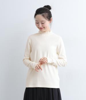 コットンスムース　襟シャーリング長袖Ｔシャツ(クリーム-L)