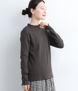 コットンスムース　襟シャーリング長袖Ｔシャツ(スミクロ-L)
