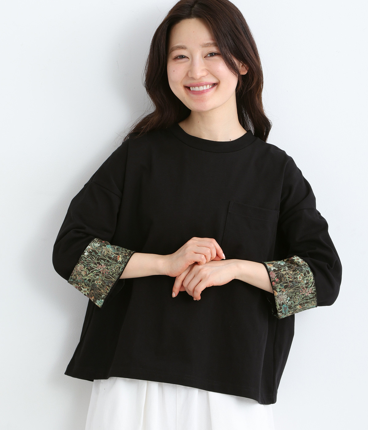 21/2天竺袖折り返しリバティクルー長袖(ブラック-ONESIZE)
