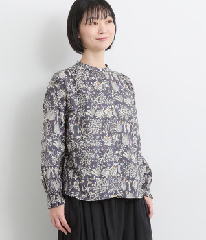 LIBERTYPRINTバンドカラー袖シャーリングブラウス(パープル-ONESIZE)