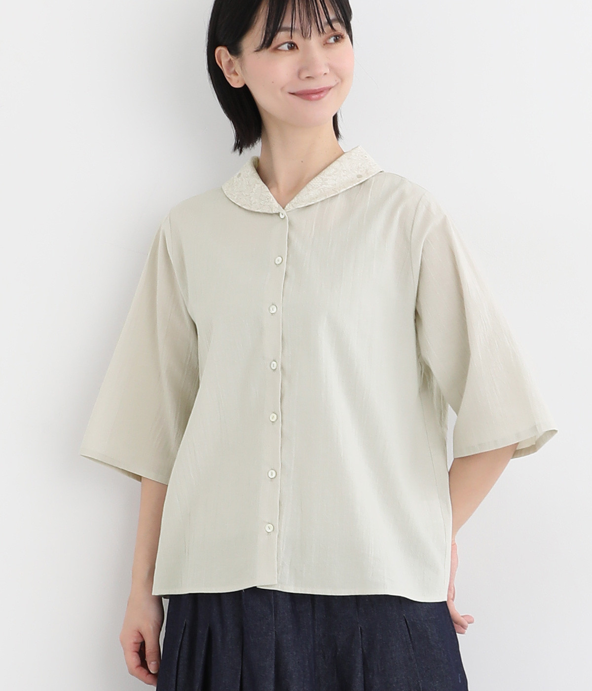 LIBERTY切替後ろシャーリングショールカラーブラウス(グレージュ×モーティマー-ONESIZE)